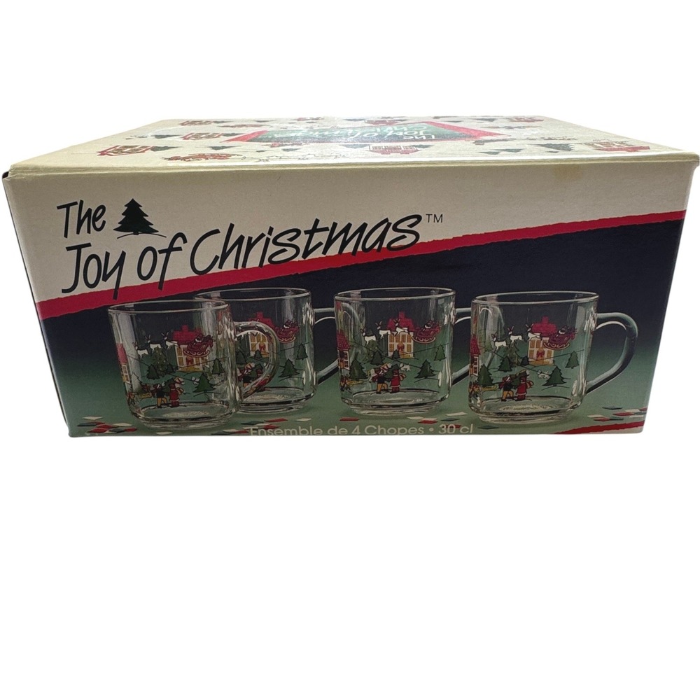 Joy of Christmas Glass Mugs Set of 4 10oz Santa Reindeer 1988 Vintage Luminarc